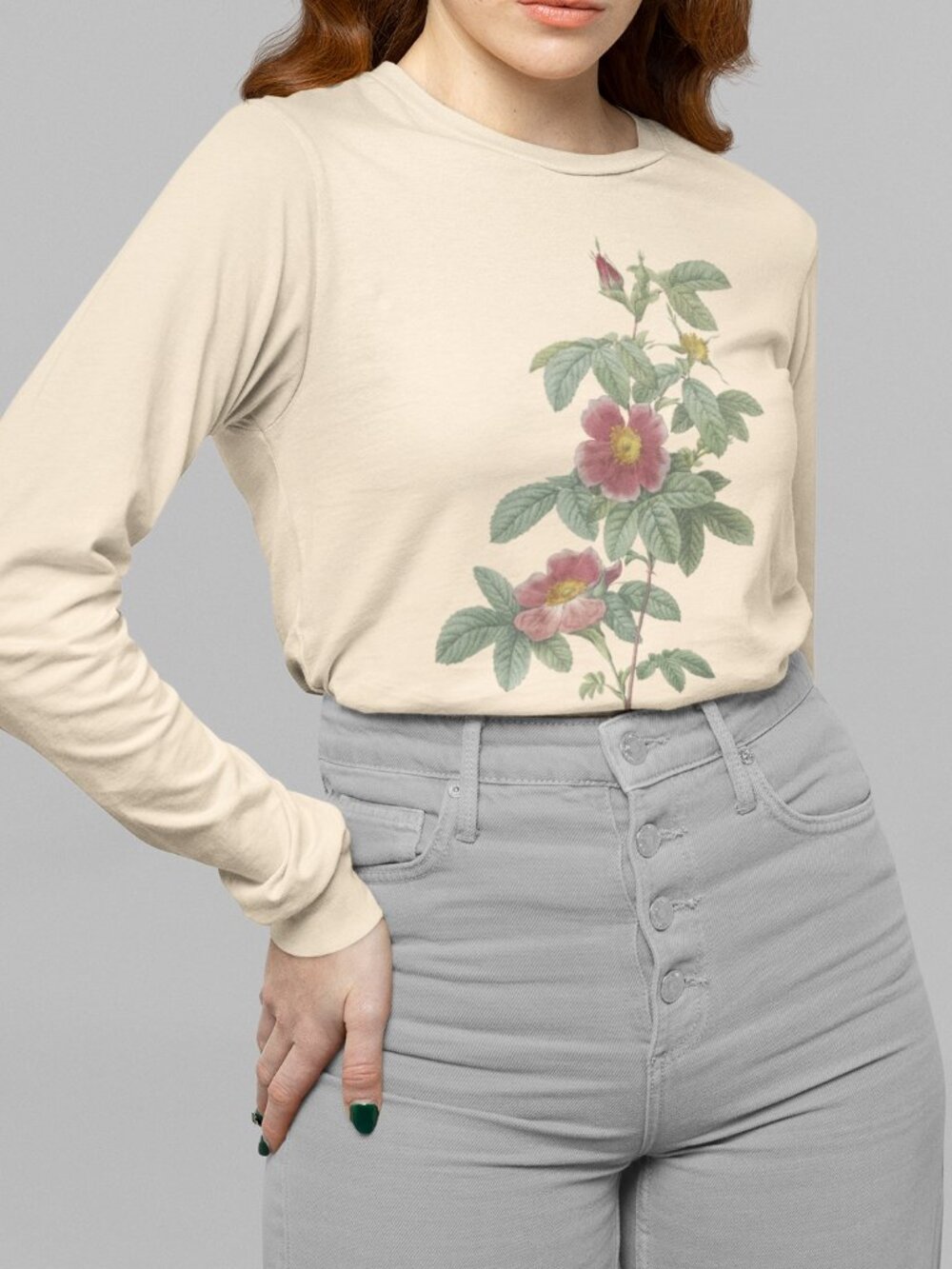 Rose Vintage Floral Print Long Sleeve Graphic Tee T-shirt S-XXL